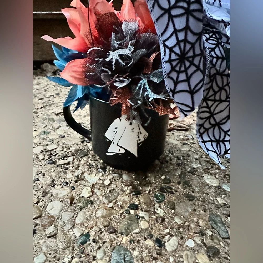 Black Ghost Mug with Halloween Floral Arrangement (glows in the dark) - Picture 1 of 6